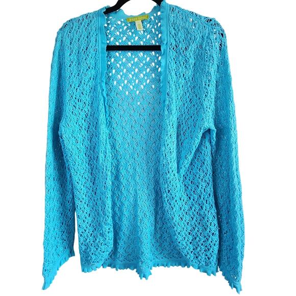 Sigrid Olsen Cardigan Sweater Womens Large Open Weave Aqua Blue Crochet - Picture 1 of 9